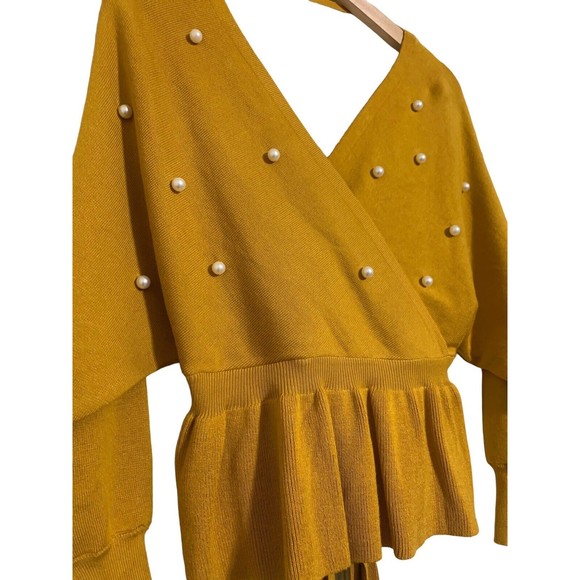 Mustard V-Neck Sweater with Pearl Accents - Picture 3 of 15